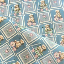 1.5 YD Vintage Teddy Bear Heart Fabric Dusty Blue Cotton Print