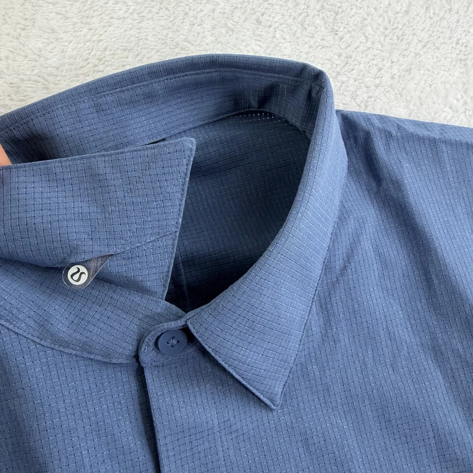 Lululemon Airing Easy Short Sleeve Shirt Blue Grid Button-Up Mens Medium Stretch - Image 3 of 4