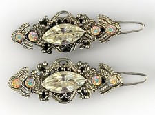 Pair Black Filigree Silver Tone Metal Rhinestone Hair Clip Barrettes w AB Stones