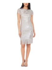 XSCAPE Womens Beige Sequined Fringed Knee Length Formal Body Con Dress 14