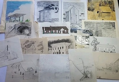 Vintage 60s 70s 80s Random Original Drawings Sketches 16x Lot Buildings Homes
