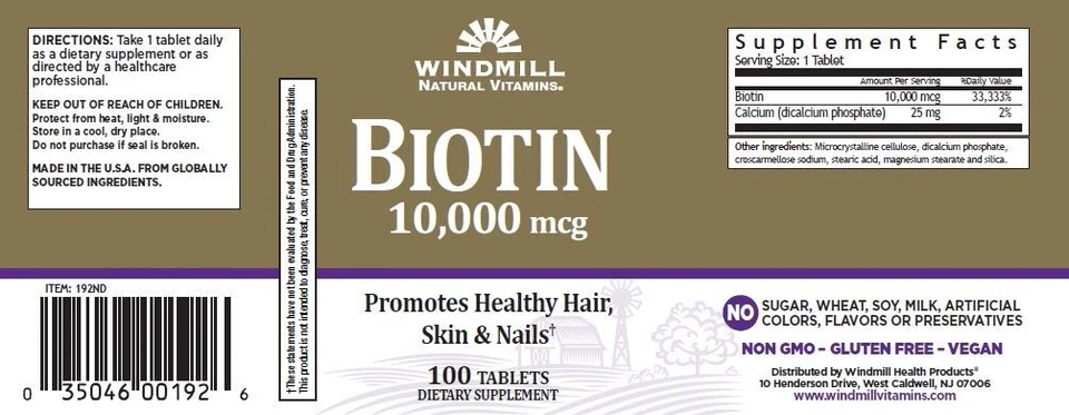 Biotina 10000 mcg 100 tabletas de Windmill Health Foto 2 de 2