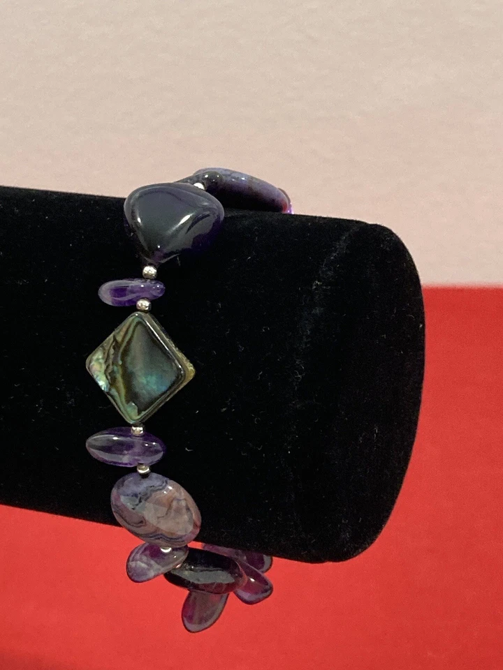 Vintage Artisan Made 925 Sterling Silver Amethyst & Abalone Beaded Bracelet 7.5” - Image 2 of 4