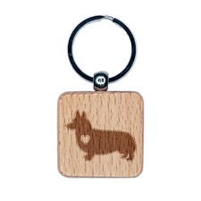 Pembroke Welsh Corgi Dog with Heart Engraved Wood Square Keychain Tag Charm