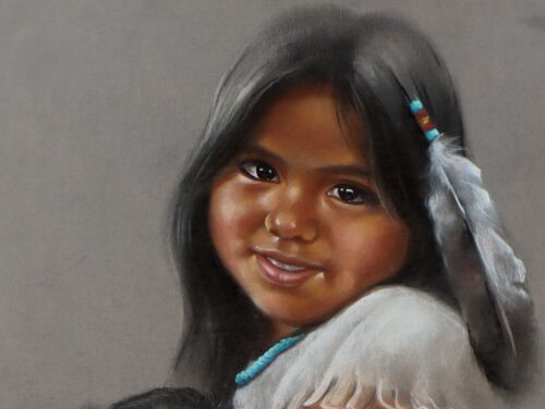TERIE KNAPP California Artist Pastel painting of an INDIAN GIRL WITH PUPPY - Picture 3 of 7