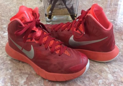 Nike Lunar Hyperquickness Red Silver Basketball Shoes Size 4.5 #652775-606 EUC.
