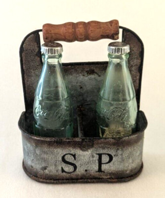 Retro Mini Coca-Cola Green Glass Bottle Salt & Pepper Shakers & Metal Carrier