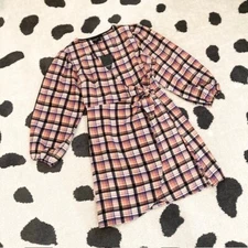 NWT $108 FRNCH Paris Womens Size Small Orange Purple Plaid Print Wrap Mini Dress