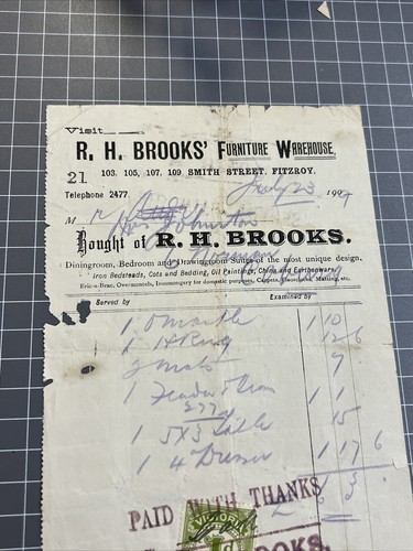 VINTAGE RECEIPT BROOKS FURNITURE WAREHOUSE SMITH ST FITZROY MELBOURNE 1909 - 第 3/3 張圖片