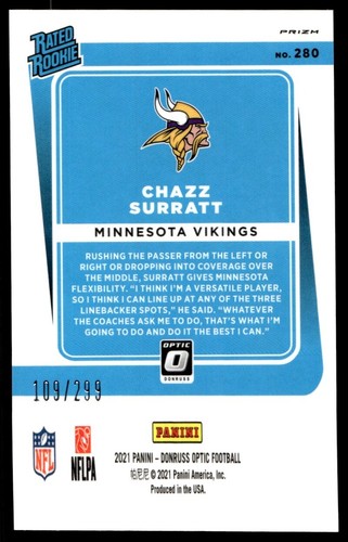 2021 Donruss optique argent vague Chazz Surratt recrue 109/299 #280 - Photo 2 sur 2