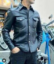 Men's Real Leather Police Shirt Gay Military Style Pocket Biker Black Schwarz