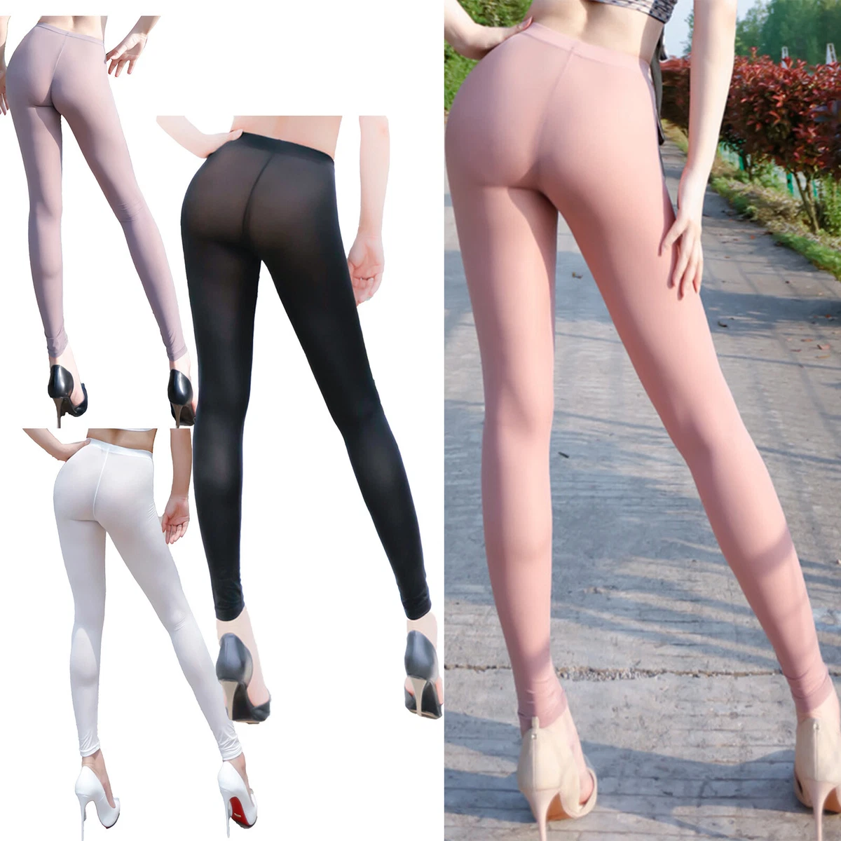 Women's Skinny Pants Glossy See-Through Stretchy Yoga Dance Workout Gym  Trousers