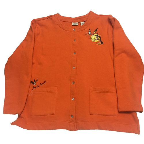 Vintage Halloween Sweatshirt Womens 16-18W Orange Owl Cat Moon Embroidered - Picture 2 of 13