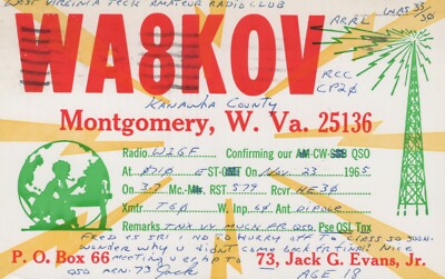 amateur ham radio QSL postcard WA8KOV Jack Evans 1965 Montgomery West Virginia