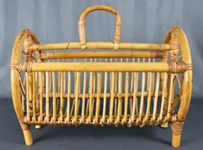 Vintage Bamboo Rattan magazine newspaper rack w hearts, Albini / Frankl style
