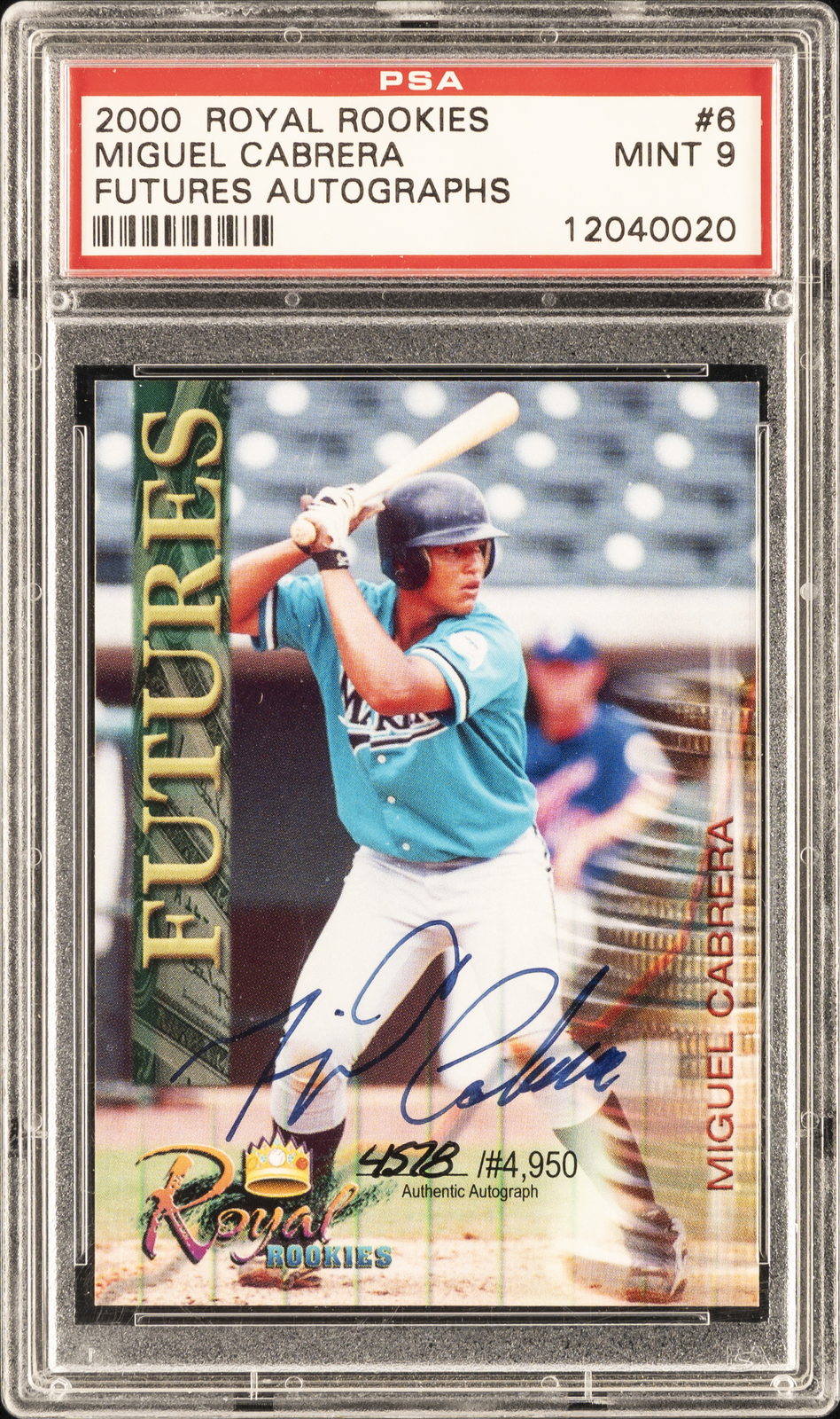 2000 ROYAL ROOKIES FUTURES AUTO #6 MIGUEL CABRERA #/4950 PSA 9 AUTO