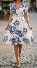 Women's Dress LULU'S SZ L White Floral Flutter Sleeve Wave Skirt