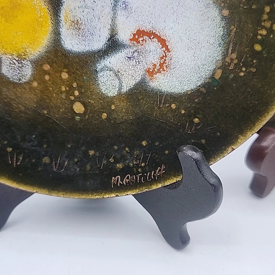 Esmalte pintado a mano MCM vintage en plato de cobre M. Ratcliff champiñones verde oliva Foto 2 de 4