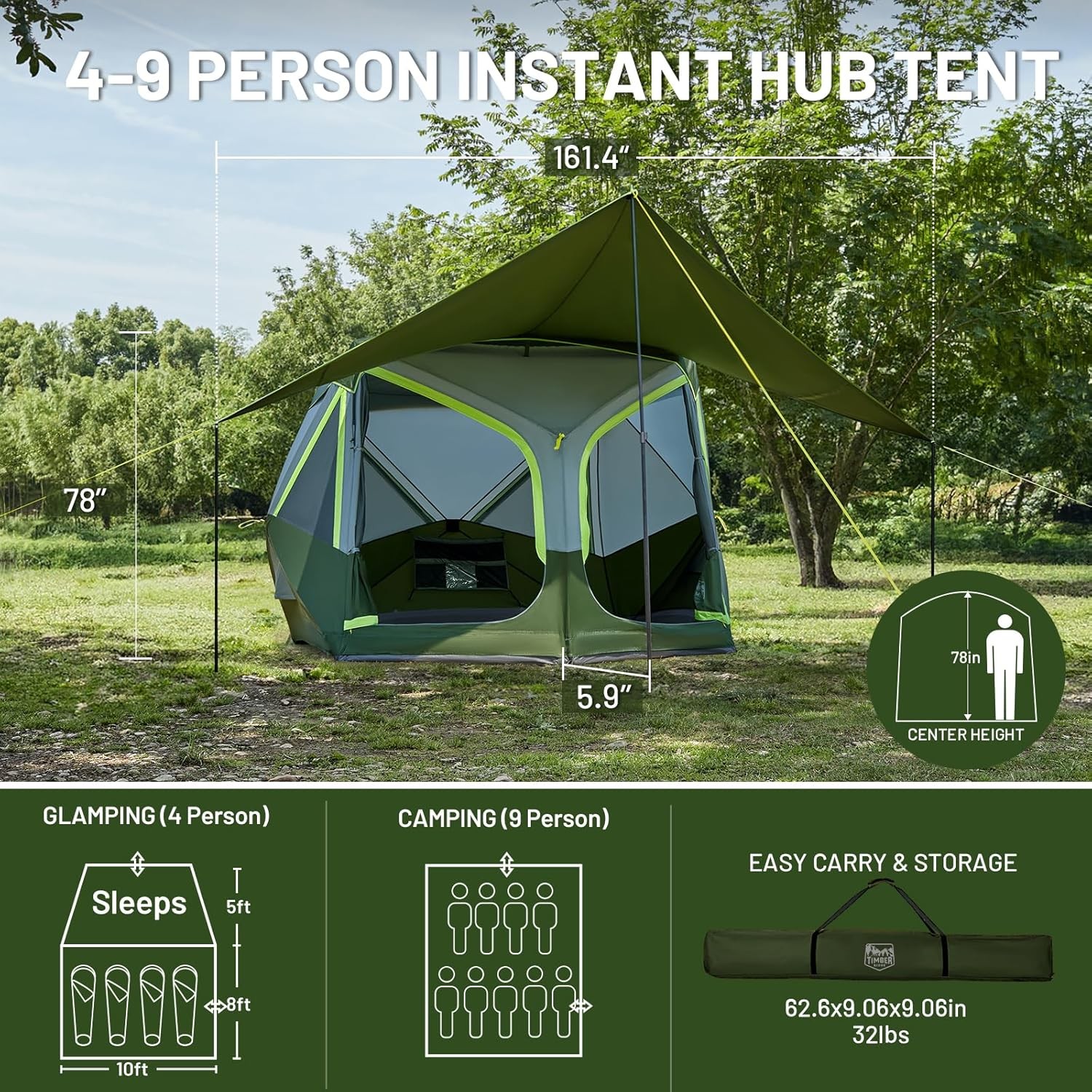 4/6 Person Instant Pop Up Hub Tent, Easy 60 Second Setup, Weather Resistant
