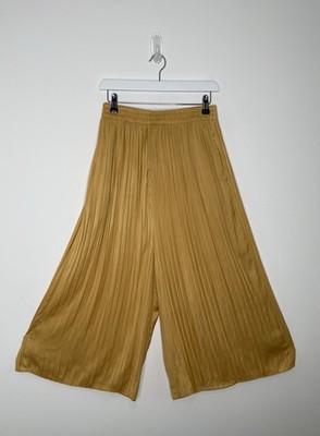 Zara Gold Gelb Satin Plissee Plissee Culotte Weites Bein Fließend Cropped Hose M