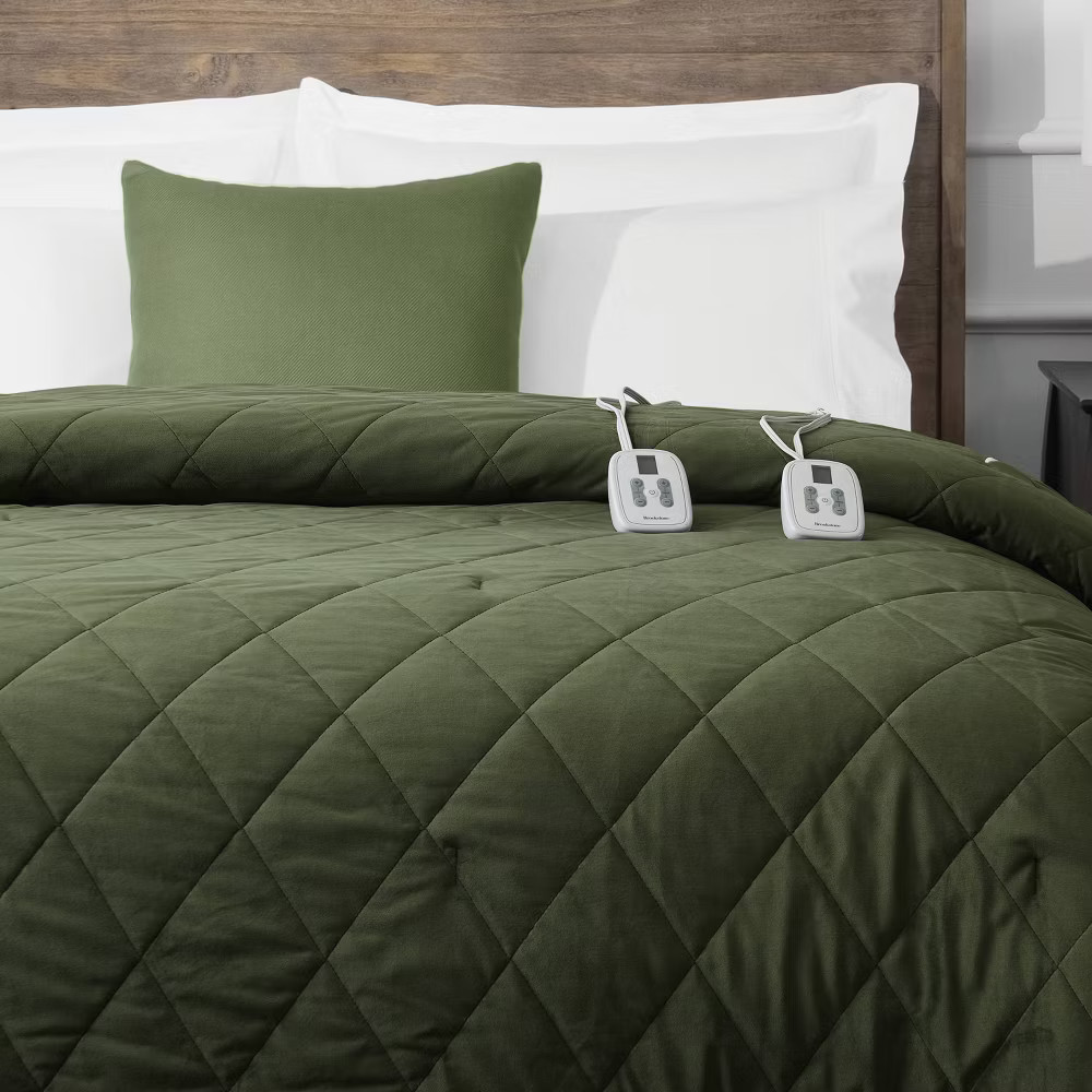 Brookstone Full/Queen Heated Diamond Stitch Quilt Blanket Olive Green