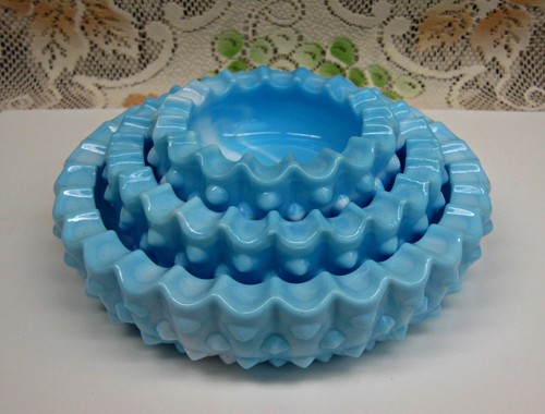 Vntg Set Fenton  Blue Slag Swirl Hobnail Nesting Ashtrays Trinket Candy  Dish