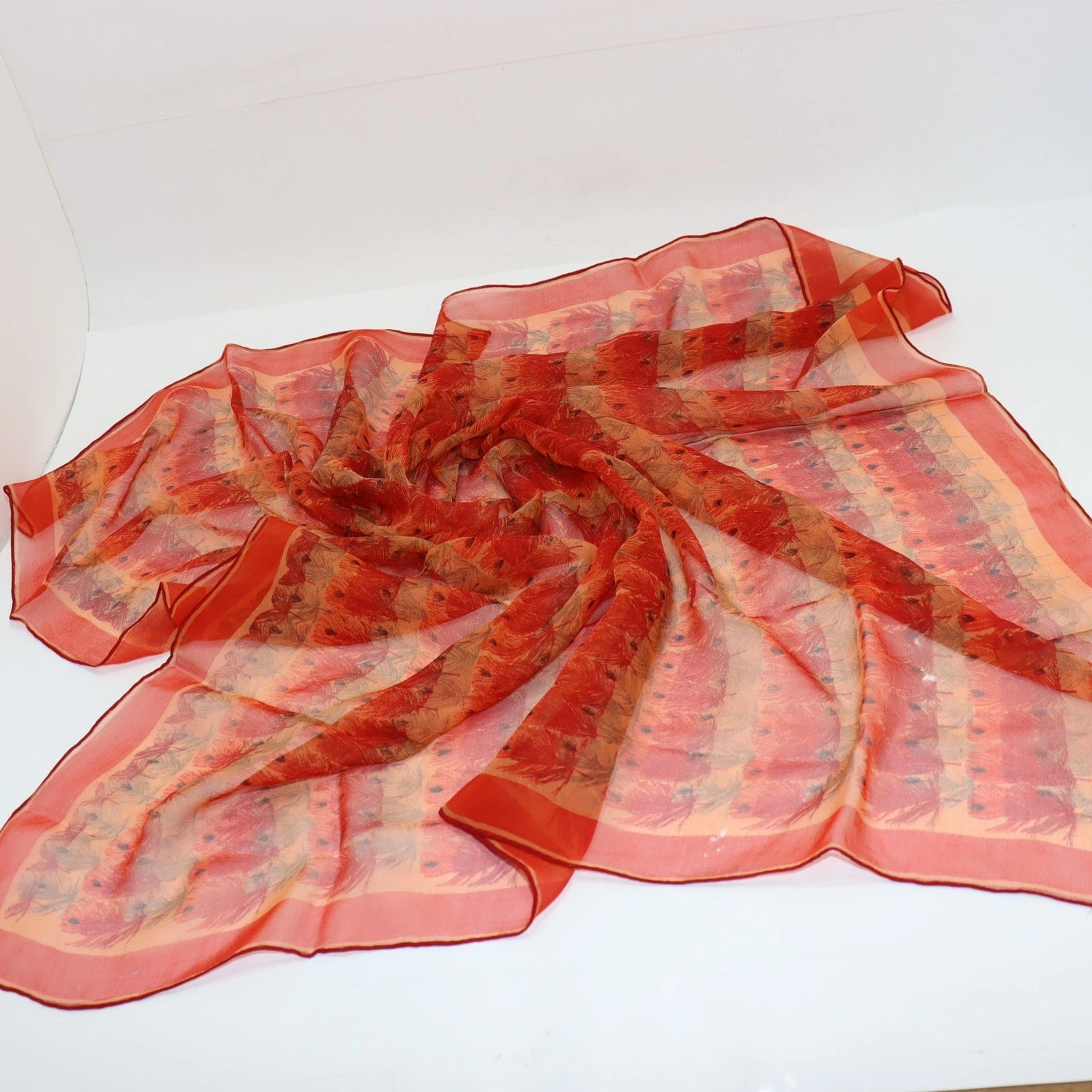 Vera Square Scarf 30x30 Red Womens Sheer Feather Print Accessory