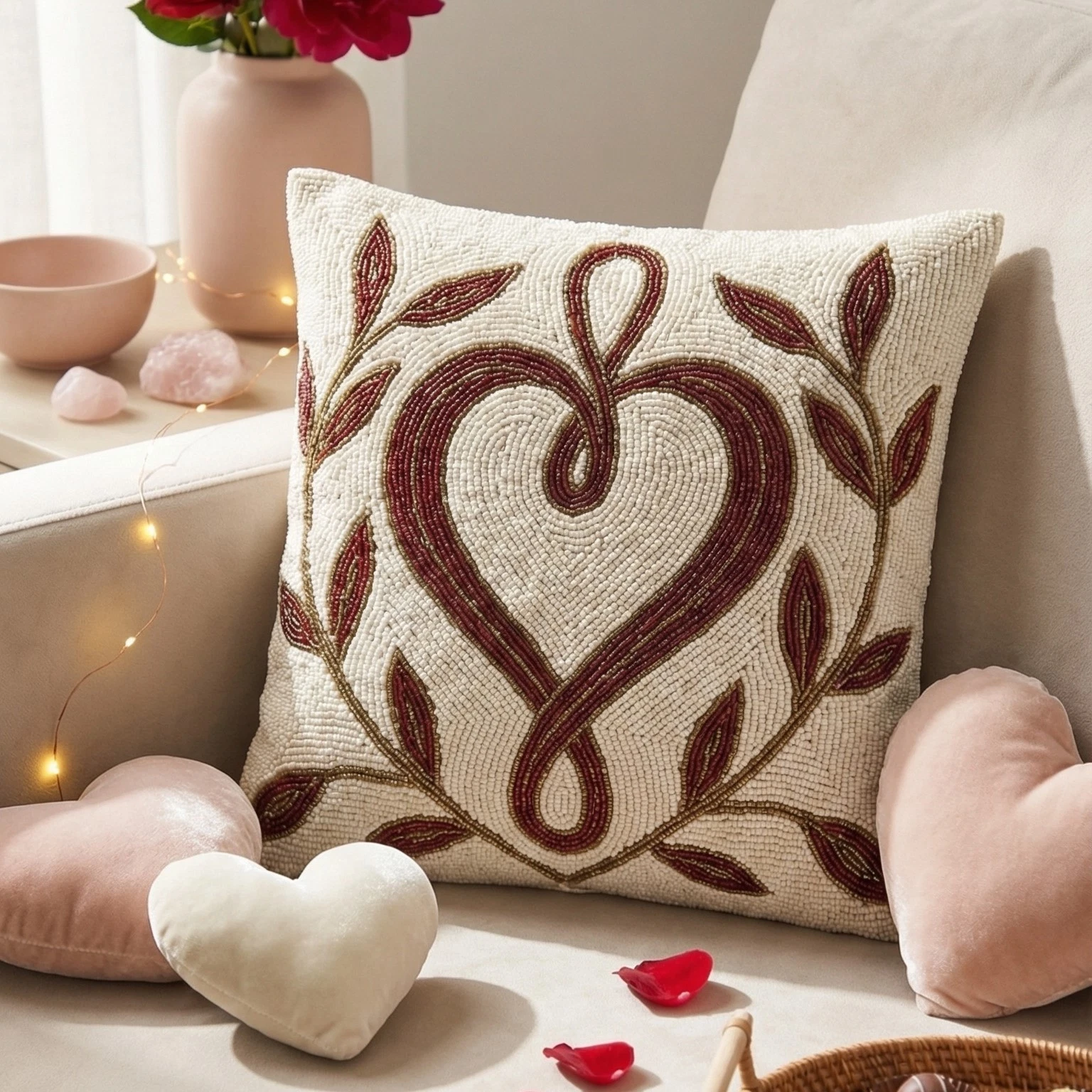 Beaded Heart Decorative Throw Pillow Cover - Elegant Botanical Throw Pillow