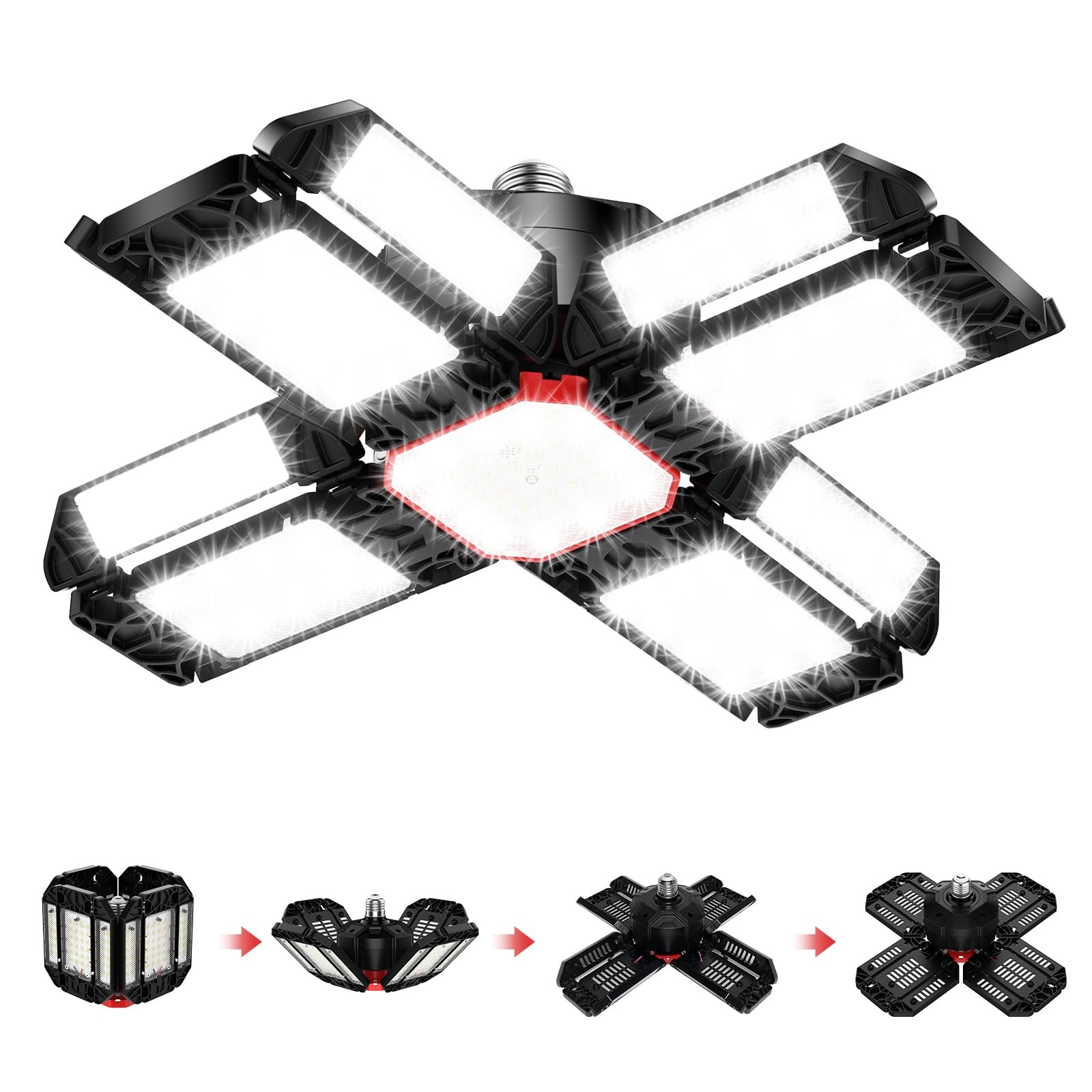 200W LED Garage Light 1 Pack - 20000LM 6500K Deformable Ceiling Lighting Fixture with 12 Adjustable Panels - E26/E27 Bay Light for Garage | Basement | Shop | Workshop | Barn | Warehouse Energy Save - Image 4