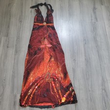 90s Y2K Whimsigoth Fairy Fire Witch Dress Womens 6 Red Orange Silk Maxi Halter