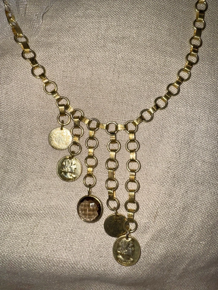Collar Julie Vos Colgantes Monedas Oro y Vidrio Marrón Ahumado Chapado 24k RETIRADO Foto 3 de 4