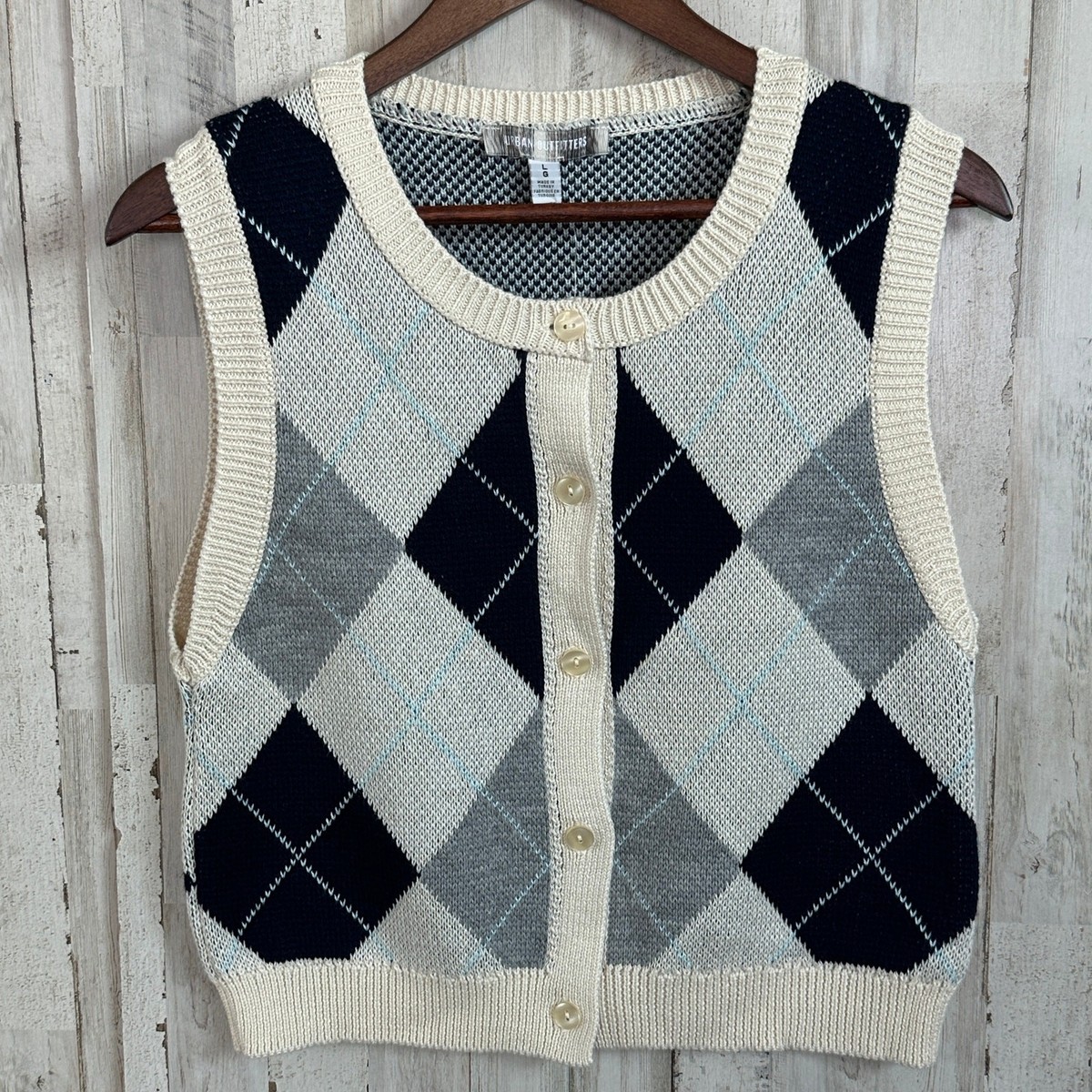 NWT Urban Outfitters Argyle Cardigan Vest Large Petite Cropped