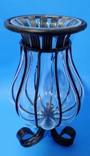 VTG Caged Bubble Clear Glass Footed Rustic Wrought Iron Vase 10" Tall 