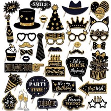 36 PCS Photo Booth Props Gold Black Birthday Party Selfie Carnival Dance Decor