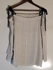 Loft Blouse Womens Medium White & Black Striped 3/4 Sleeve Off Shoulder