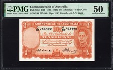 Australia 10 Shillings P25c R14 1949 Coombs Watt PMG50 aUNC Banknote KING GEORGE