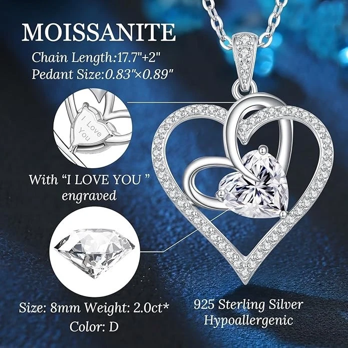 Collar Colgante Corazón Moissanita Plata 925 Chapado en Rodio Cadena Ajustable 2CT Foto 4 de 4