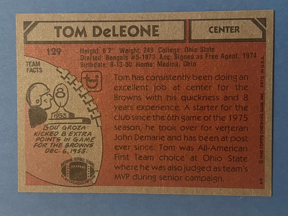 TOM DeLEONE Signed 1980 Topps #129 Browns Ohio State Buckeyes Autograph Auto - Image 2 of 2