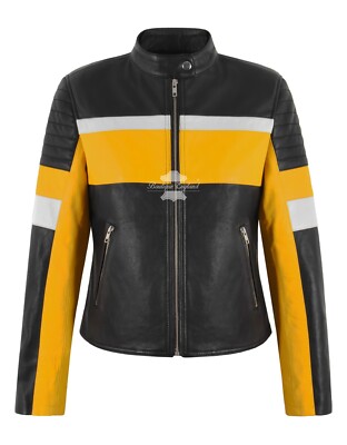 Women's Racing Leather Jacket Black Yellow Classic Fashion Biker