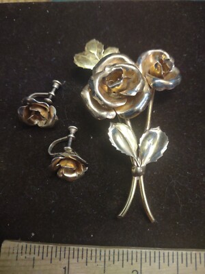 Vintage 12K /20 GF Brooch Two-tone Rose Gold Flower Brooch Clip On Earrings Set 