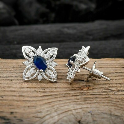 Gorgeous Flower Stud Earring Oval Cut Simulated Sapphire 14k White Gold Plated