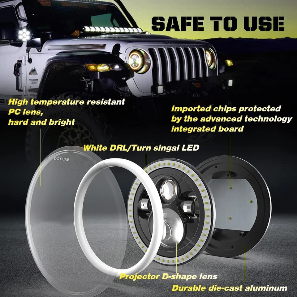 For Jeep Wrangler JK 07-18 Combo 7" Halo LED Headlight Fog Lamp Turn Tail Lights - Image 3 of 4