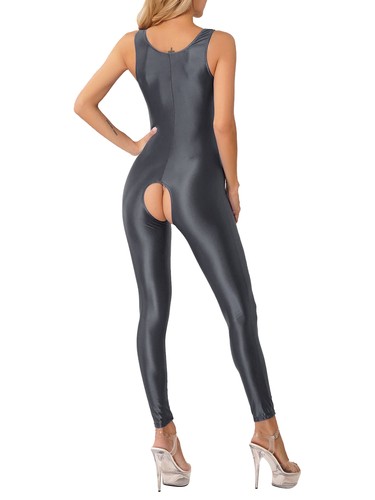 Womens Satin Shiny Glossy Tights Bodyhose Hollow Out Sleeveless Bodysuit Catsuit - Picture 57 of 113