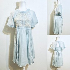 ASOS Light Blue Crochet Embroidery Kimono Sleeve Open Back Dress Wm 4 Lined