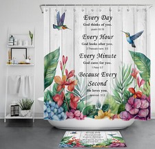 Retro Hummingbird Pink Floral Bible Verse Shower Curtain Set for Bathroom Decor