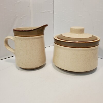 Hand Painted Sugar Bowl w/ Lid and Creamer MCM Stoneware Pottery Japan.