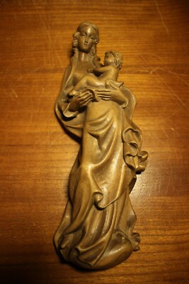 ANTIQUE 11" HAND CARVED WOOD OUR LADY VIRGIN MARY JESUS STATUE FIGURE ...