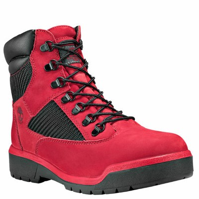 blue and red timberland field boots