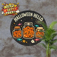 Halloween Pumpkin Welcome Round Metal Sign Spooky Front Door Decor Plaque
