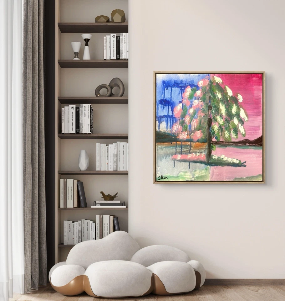 Pintura colorida original assinada à mão expressionismo abstrato 14 X 14 - Imagem 3 de 4